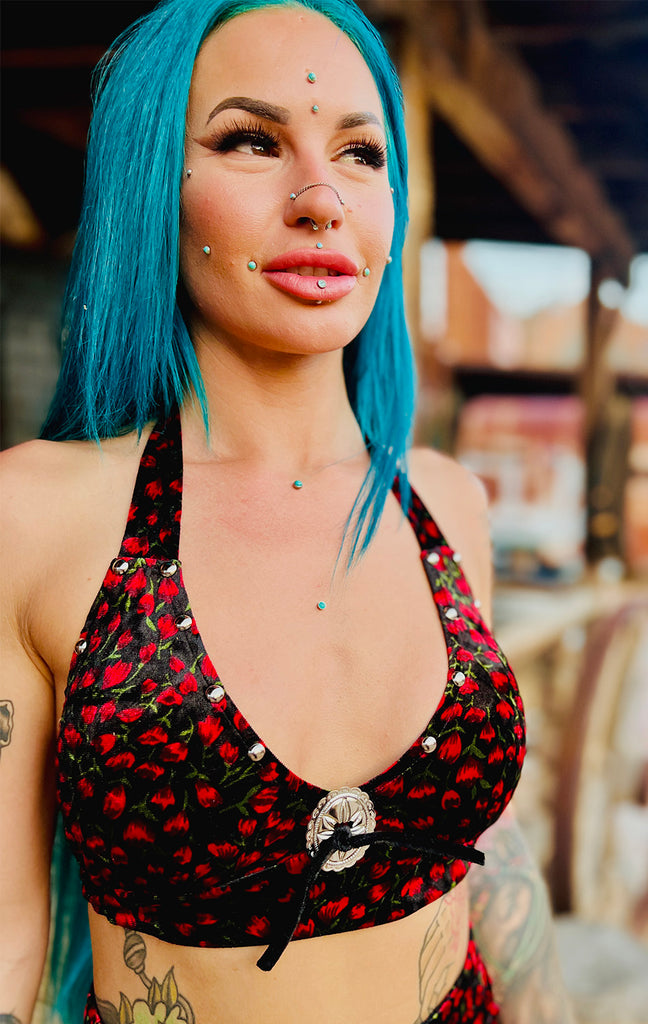 Rose Floral Velvet Studded Concho Halter Tie Top