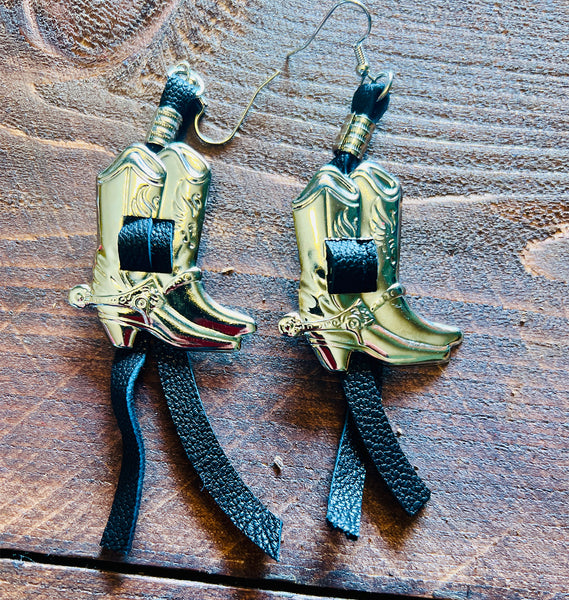 Boot Concho Leather Fringe Earrings