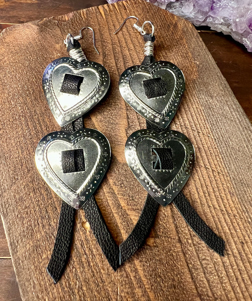Double Heart Concho Leather Fringe Earrings
