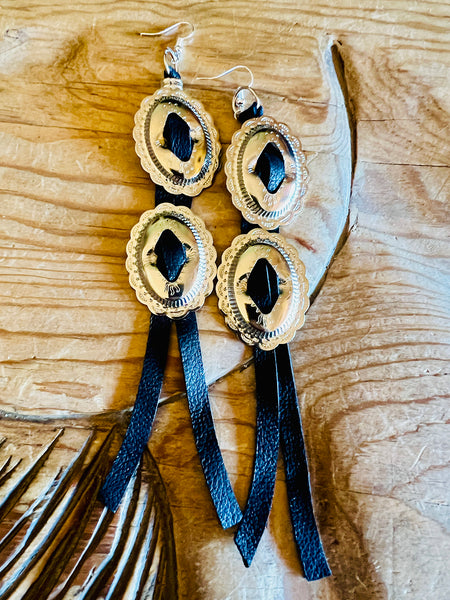 Double Concho Leather Fringe Earrings