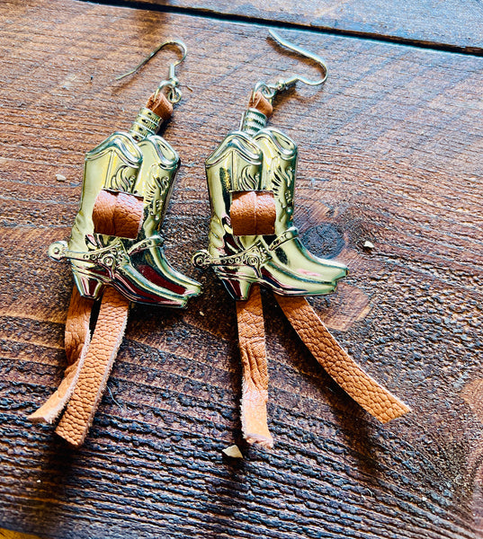 Boot Concho Leather Fringe Earrings
