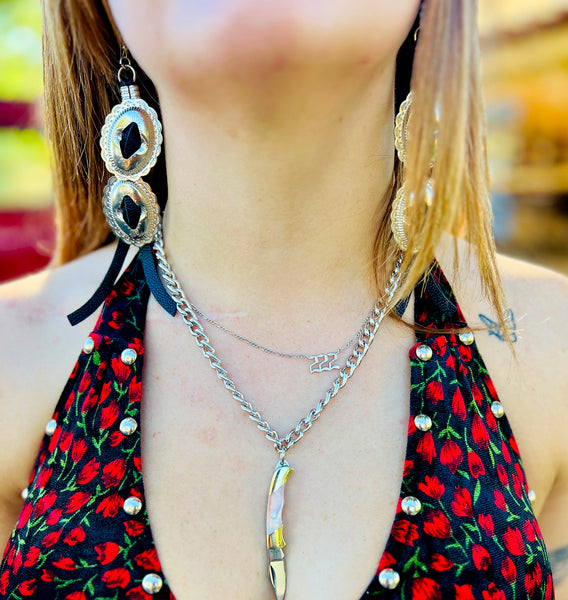 Double Concho Leather Fringe Earrings