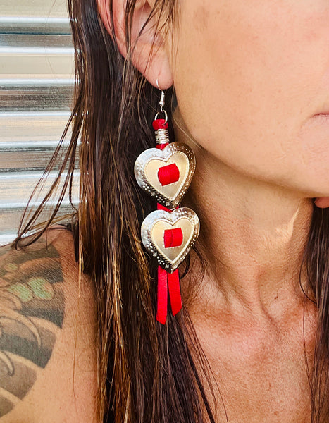Double Heart Concho Leather Fringe Earrings