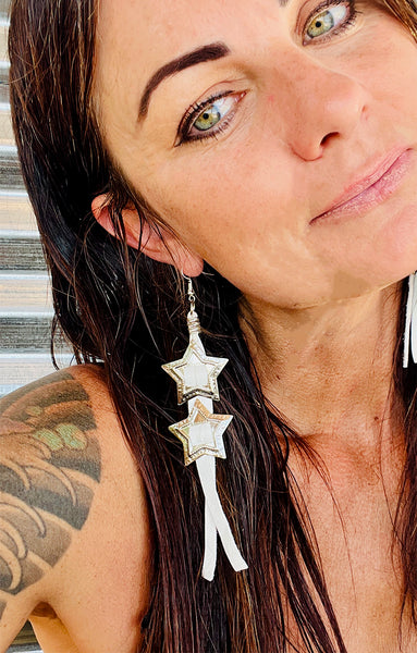 Double Star Concho Leather Fringe Earrings