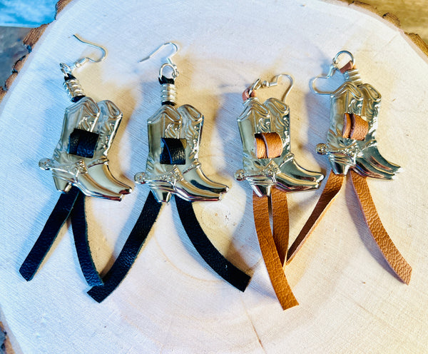 Boot Concho Leather Fringe Earrings