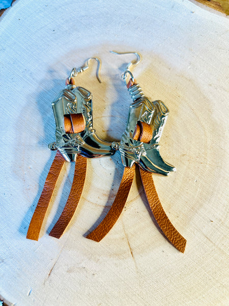 Boot Concho Leather Fringe Earrings