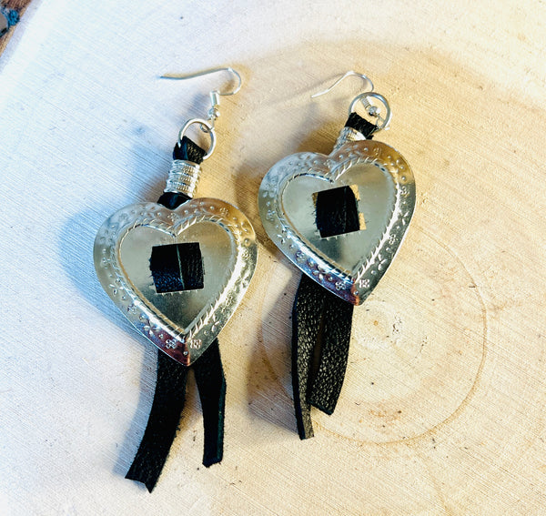 Heart Concho Leather Fringe Earrings