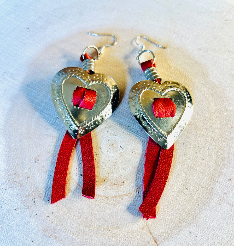 Heart Concho Leather Fringe Earrings