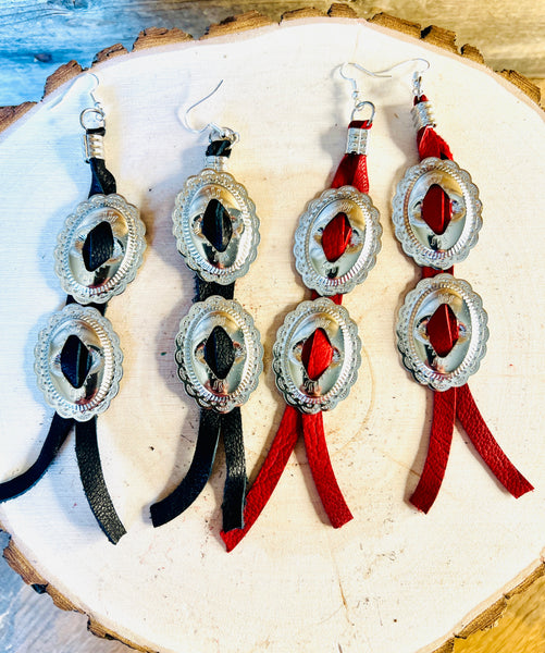 Double Concho Leather Fringe Earrings