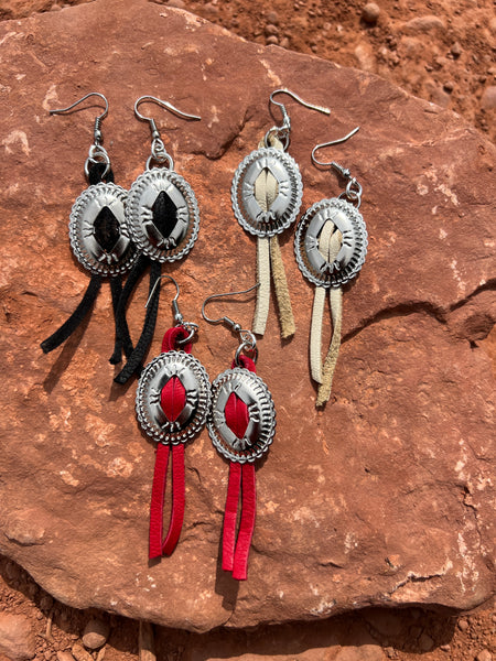 Small Leather Concho Fringe Earrings