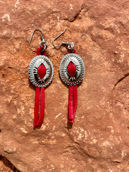 Small Leather Concho Fringe Earrings