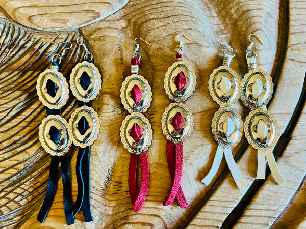 Double Concho Leather Fringe Earrings