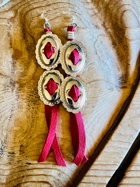 Double Concho Leather Fringe Earrings