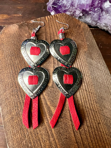 Double Heart Concho Leather Fringe Earrings