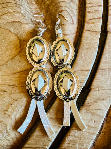 Double Concho Leather Fringe Earrings